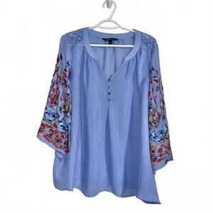 Zac & Rachel Woman Blue Embroidered Sleeve Tunic Top, Size 1X